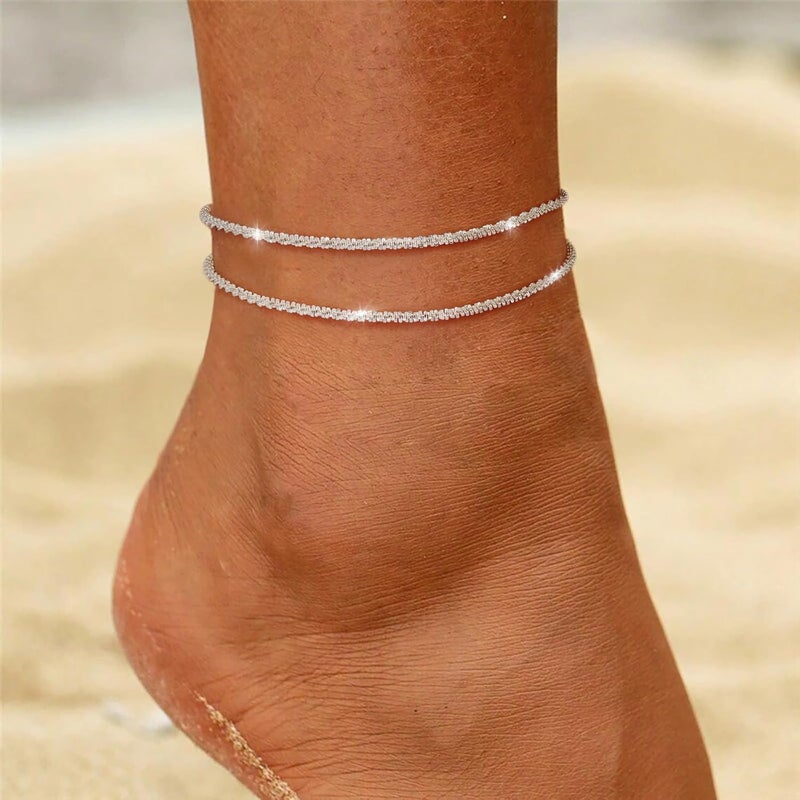MIDEEO Gold/Silver Ankle Bracelets for Women,14K Gold Anklets for Women Waterproof Cuban Link Heart Beads Herringbone Rhinestone Anklets Set Layered Anklet Bracelets for Women Gold Jewelry Gift - Image 2